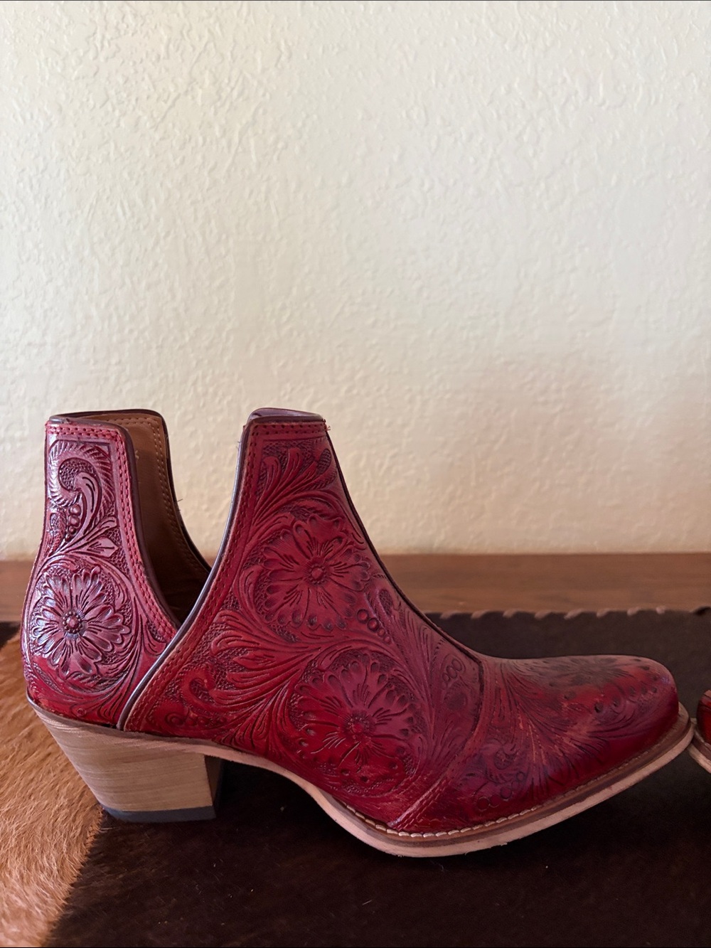 Myra Bag Red Tooled Floral Leather Ankle Booties - Picture 8 of 12